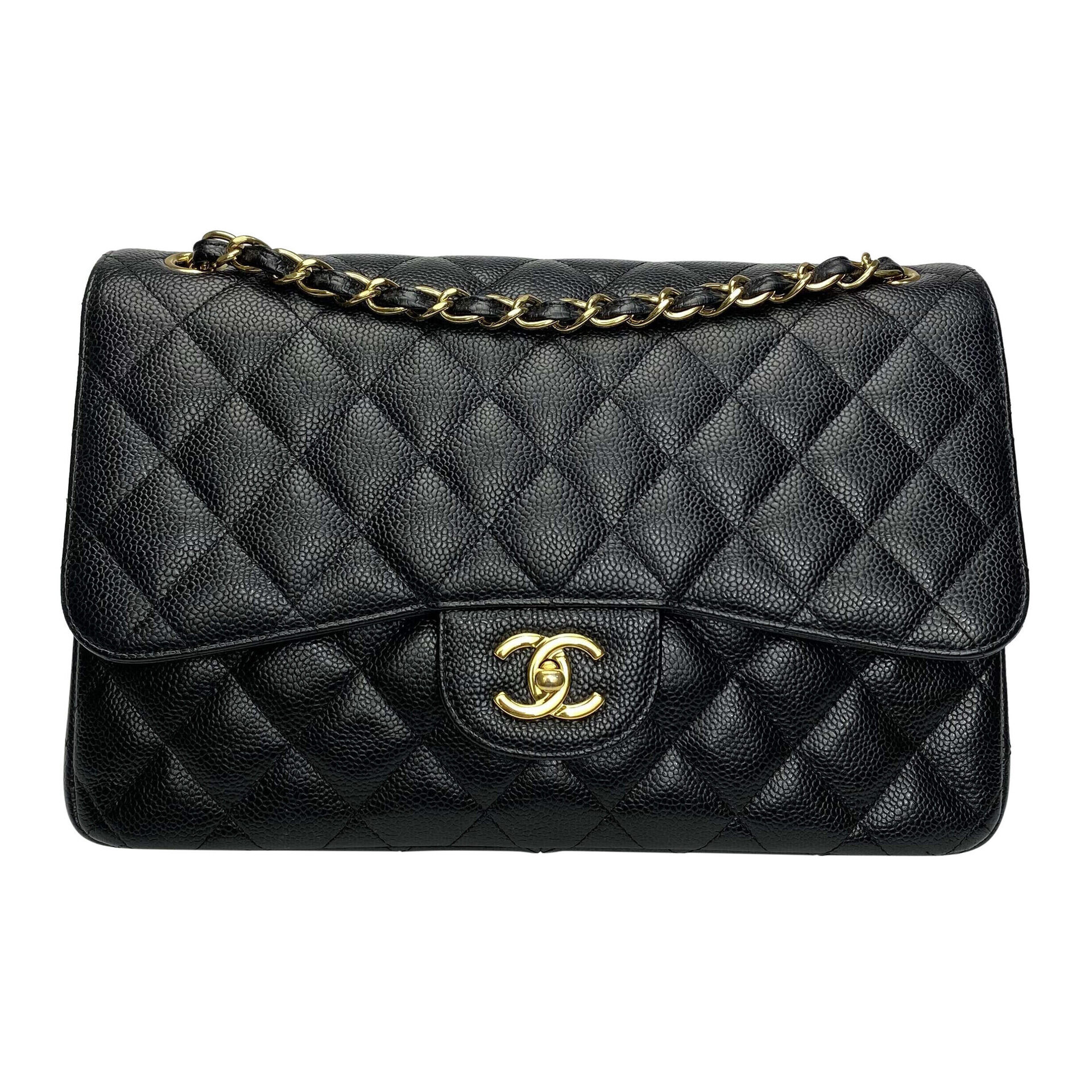 Bolsa Chanel Double Flap Jumbo Couro Caviar Preto