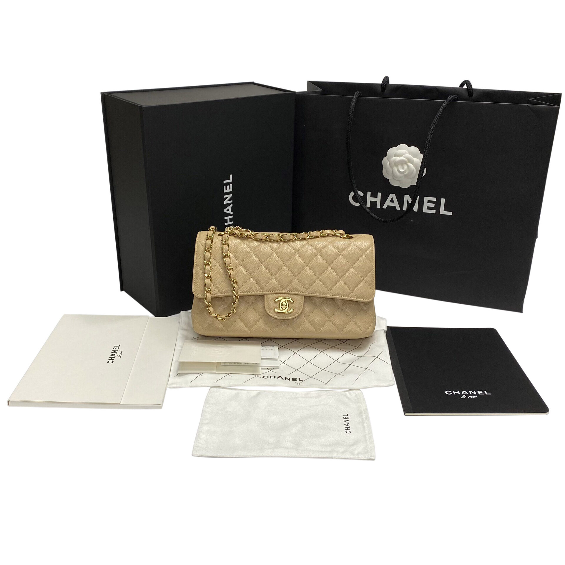 Bolsa Chanel Double Flap Couro Caviar Bege