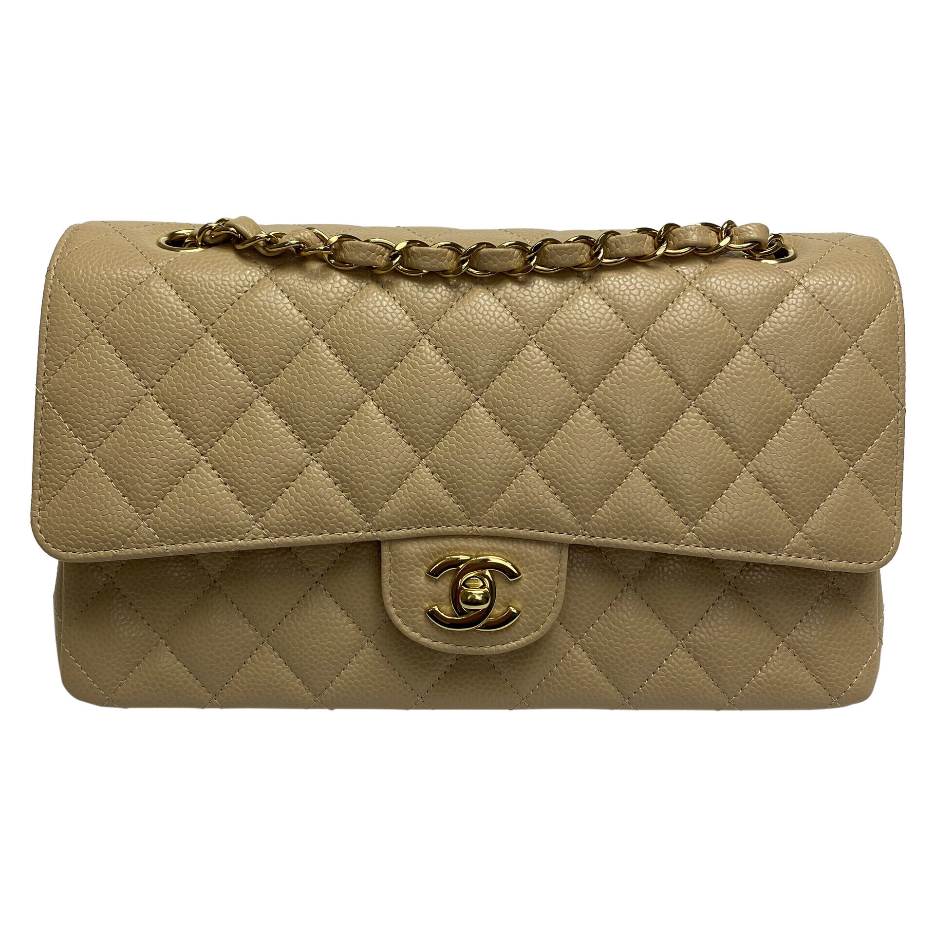Bolsa Chanel Double Flap Couro Caviar Bege