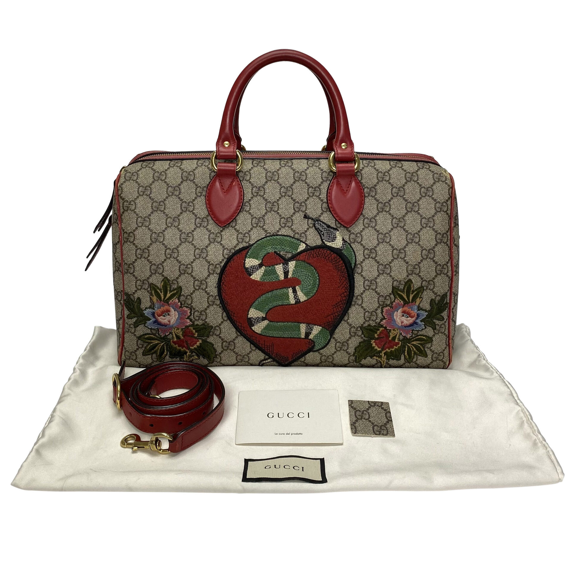 Bolsa Gucci Boston GG Supreme Kingsnake Heart Embroidered