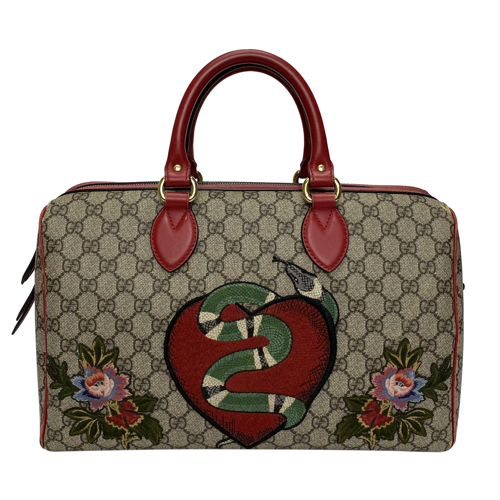 Bolsa Gucci Boston GG Supreme Kingsnake Heart Embroidered