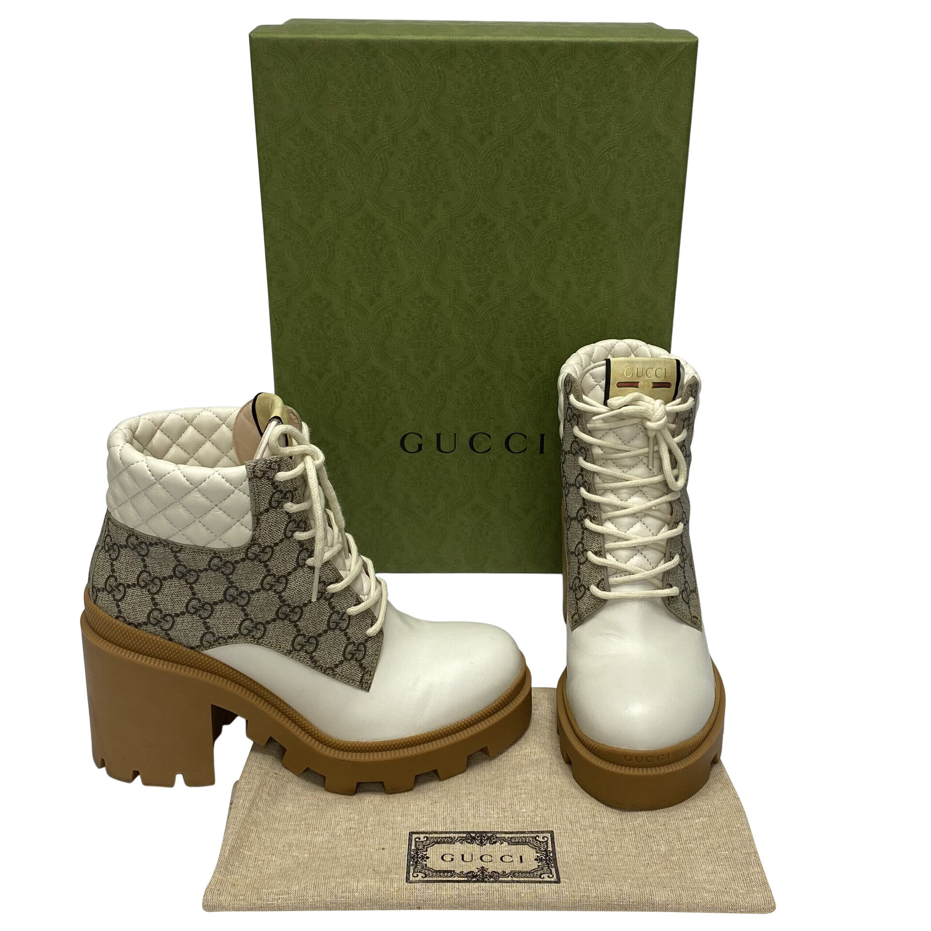 Bota Gucci GG Supreme Combat e Couro Off White
