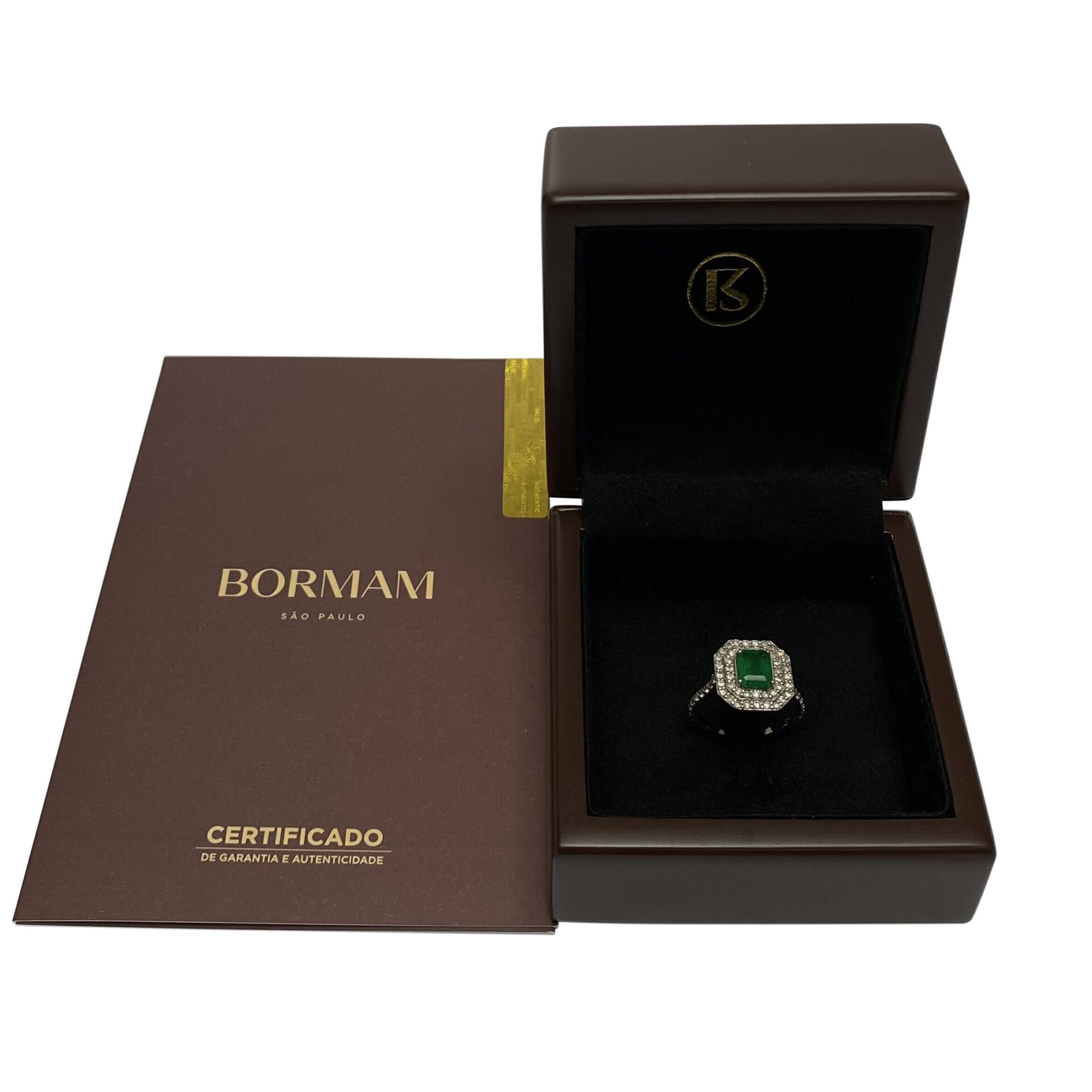 Anel Ouro Branco com Esmeralda e Diamantes