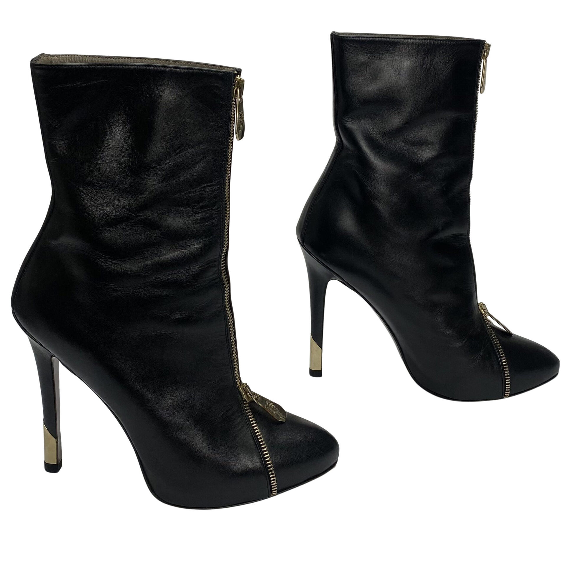 Bota Versace Couro Preto e Zíper Dourado