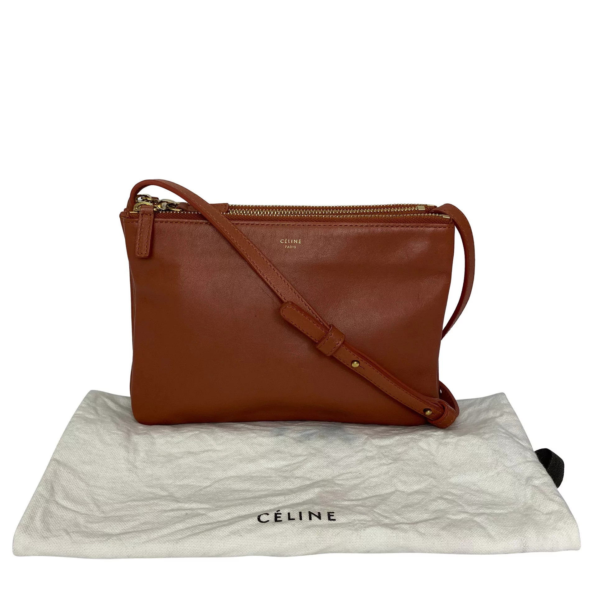 Bolsa Céline Trio Couro Caramelo e Botões Dourados