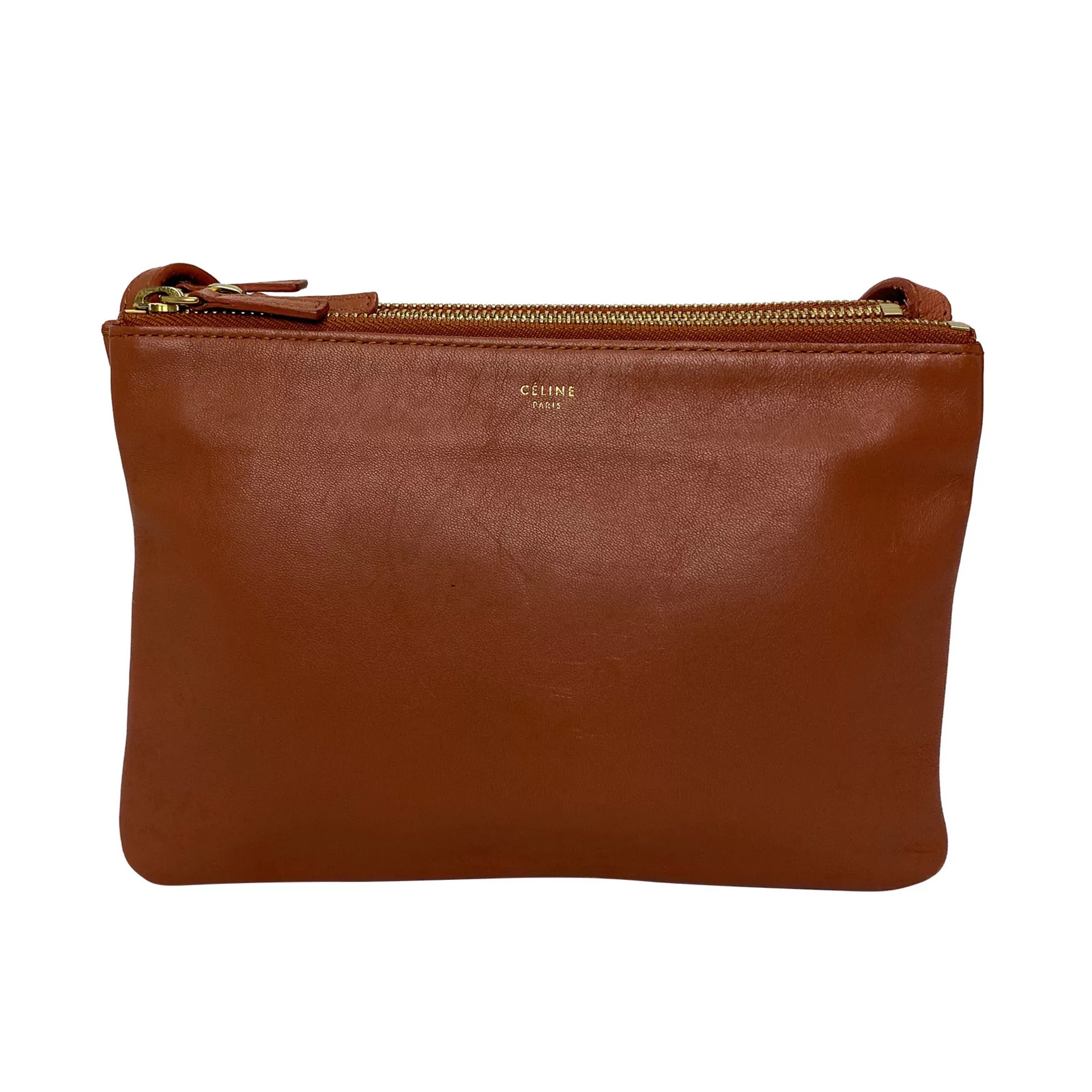 Bolsa Céline Trio Couro Caramelo e Botões Dourados