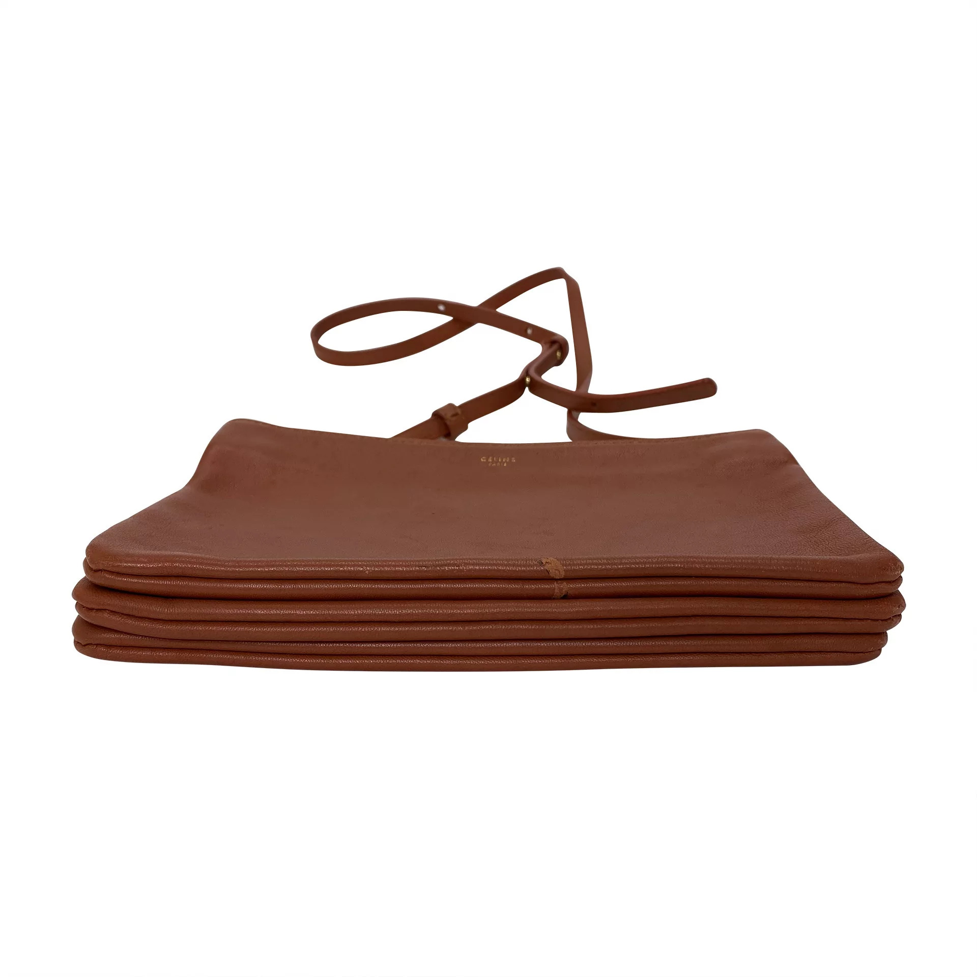 Bolsa Céline Trio Couro Caramelo e Botões Dourados