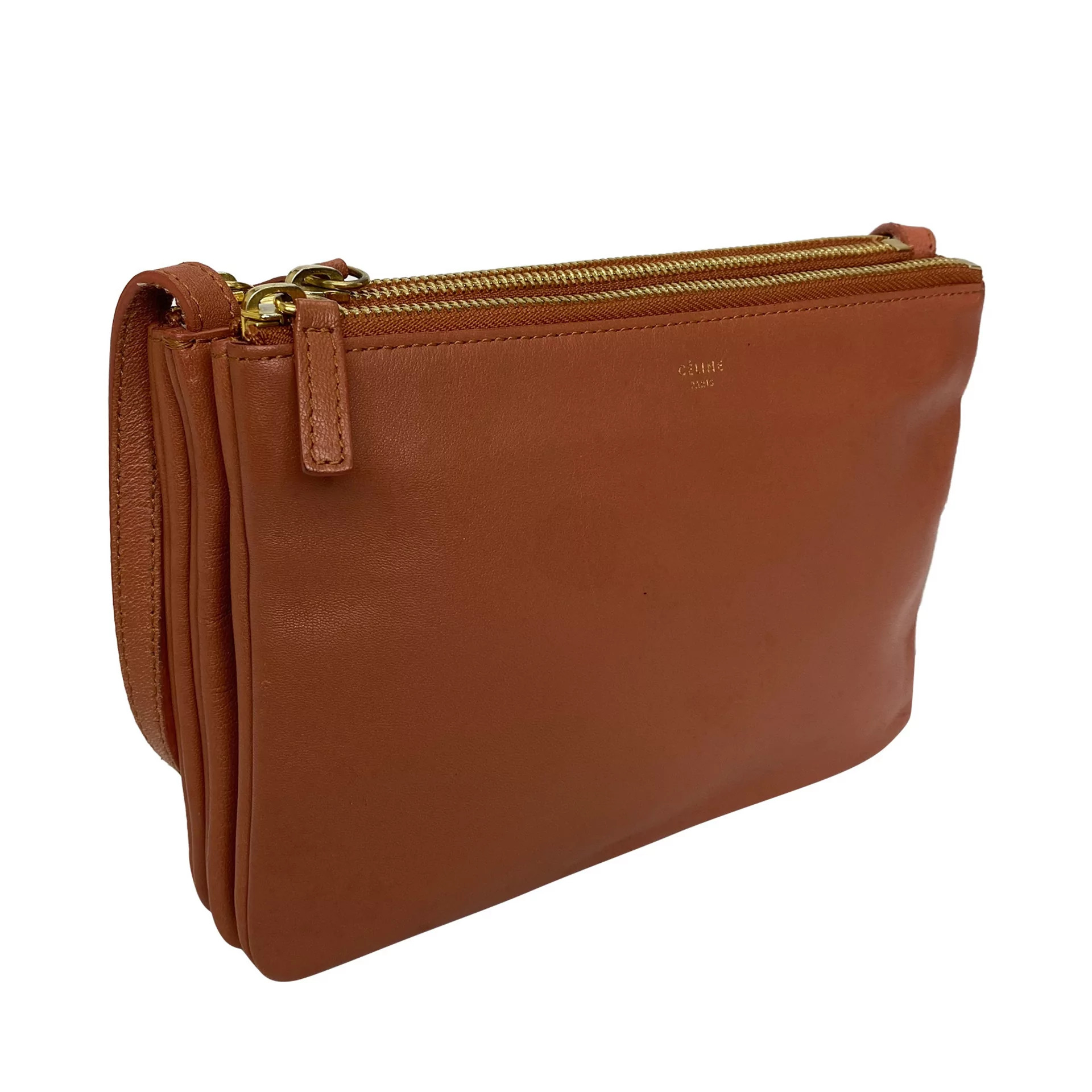 Bolsa Céline Trio Couro Caramelo e Botões Dourados