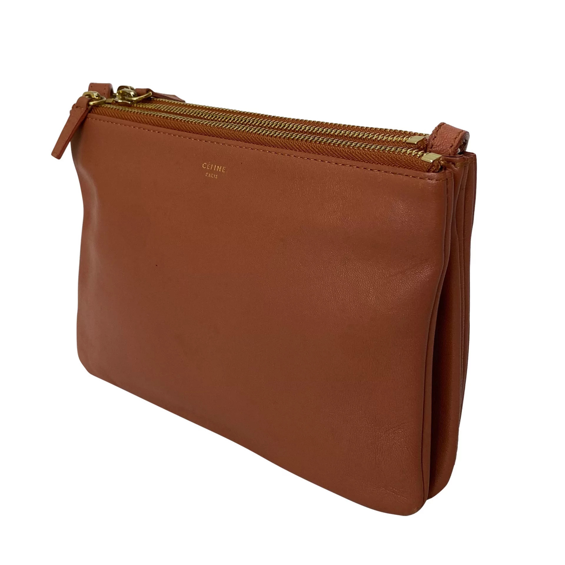 Bolsa Céline Trio Couro Caramelo e Botões Dourados
