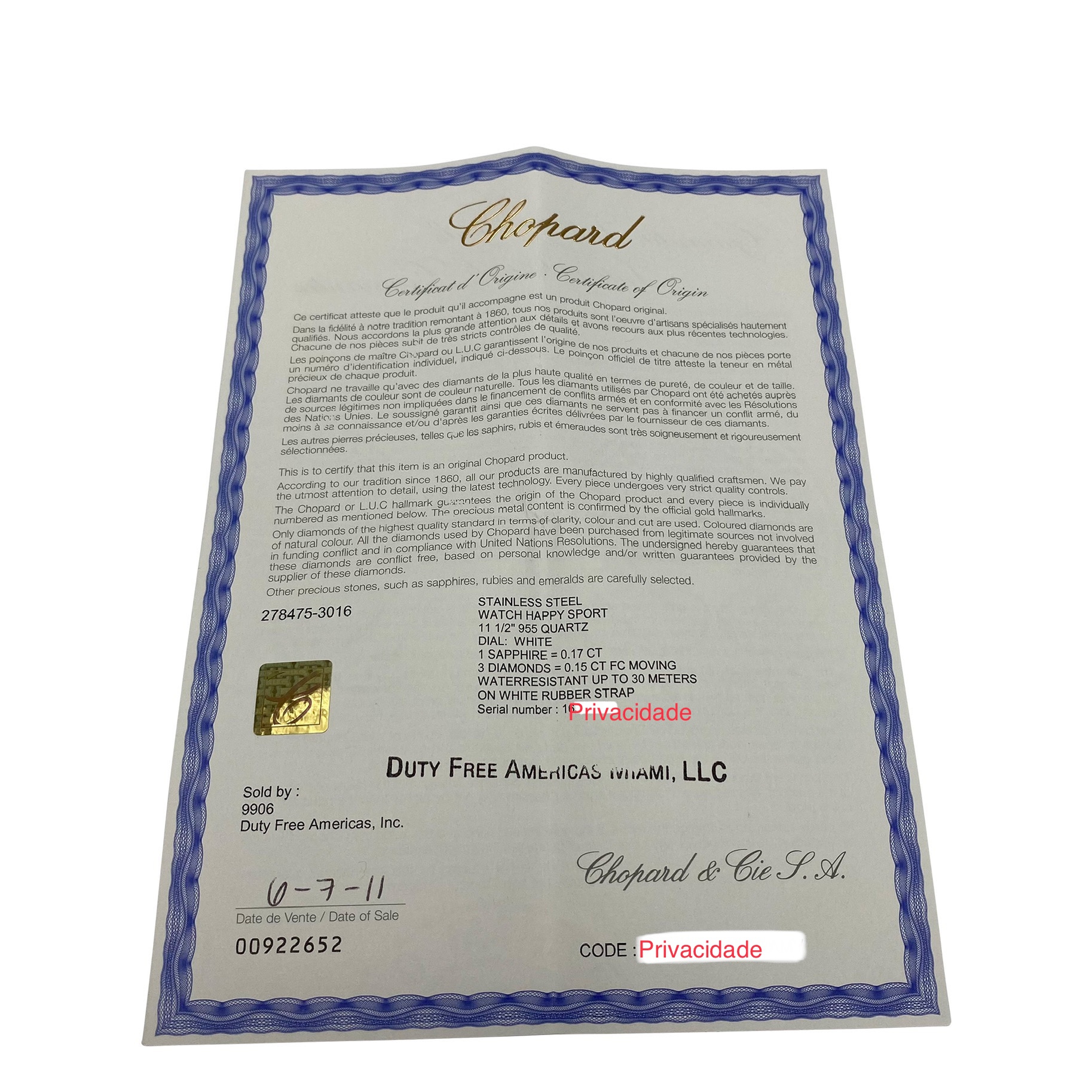 Relógio Chopard Happy Sport